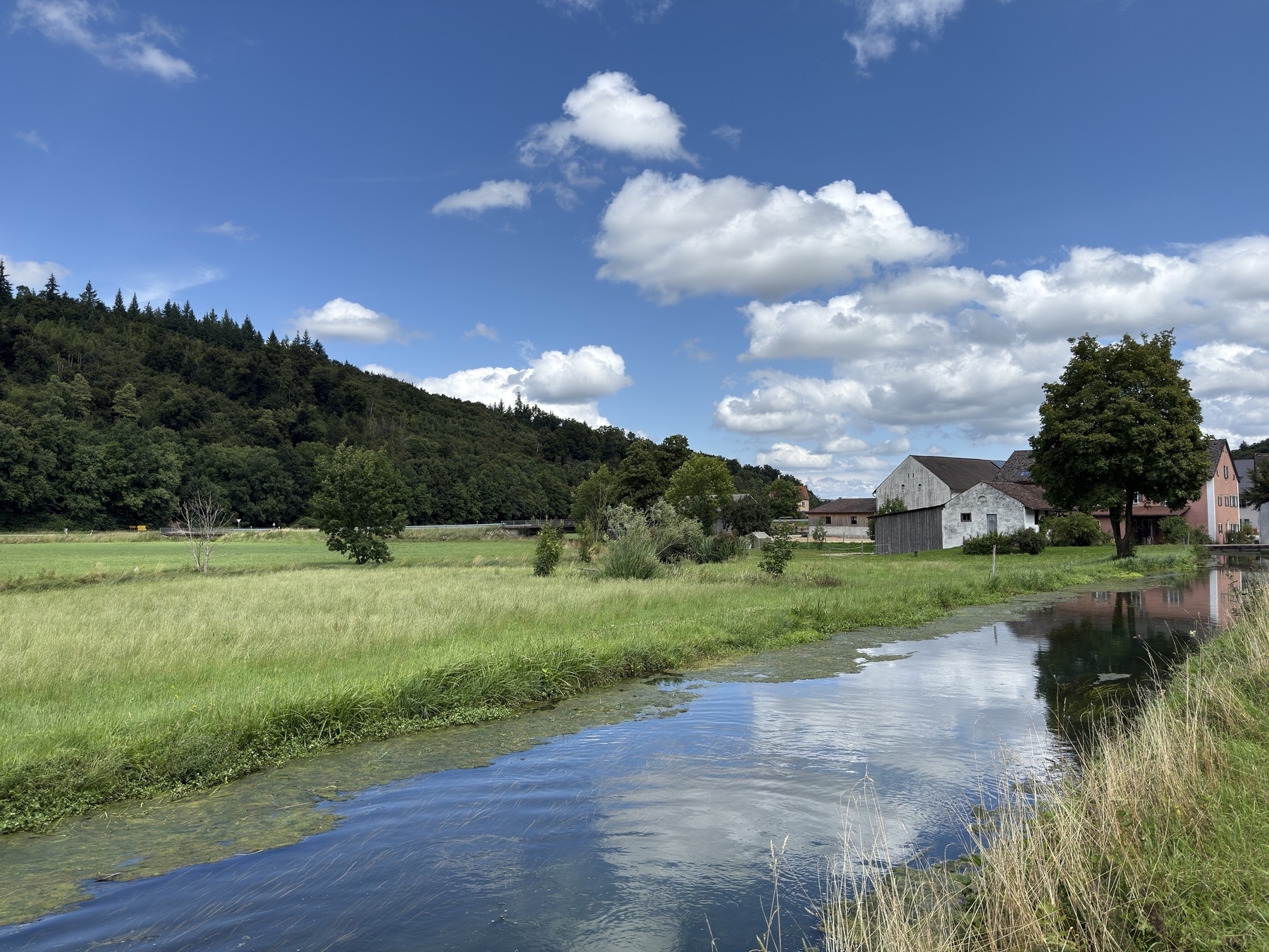 A tranquil rural scene features a reflective stream bordered by lush green fields, trees, and a few quaint houses under a blue sky with scattered clouds.