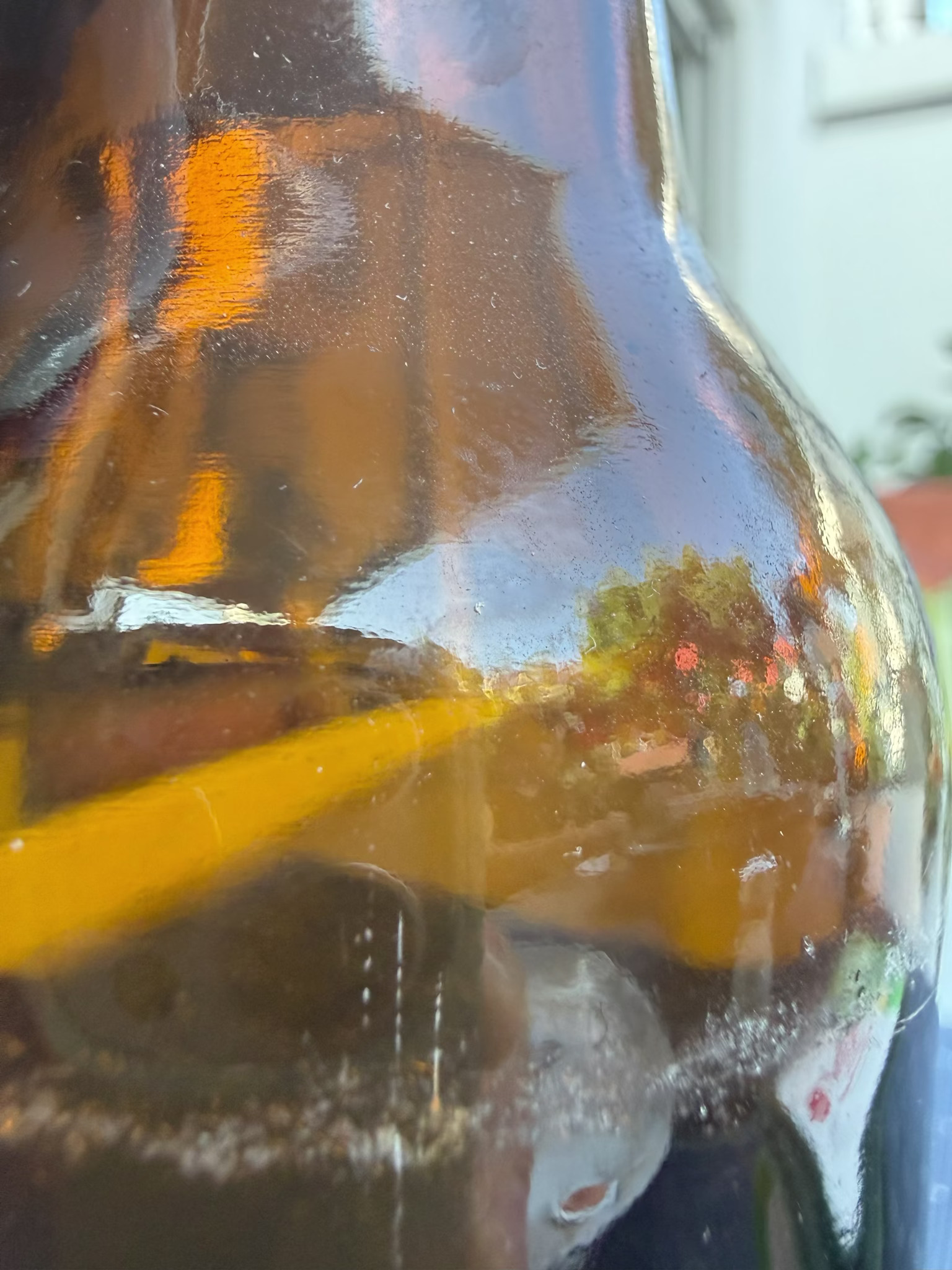 A distorted reflection of outdoor scenery, including blurred objects and greenery, is visible on the surface of a glass bottle.