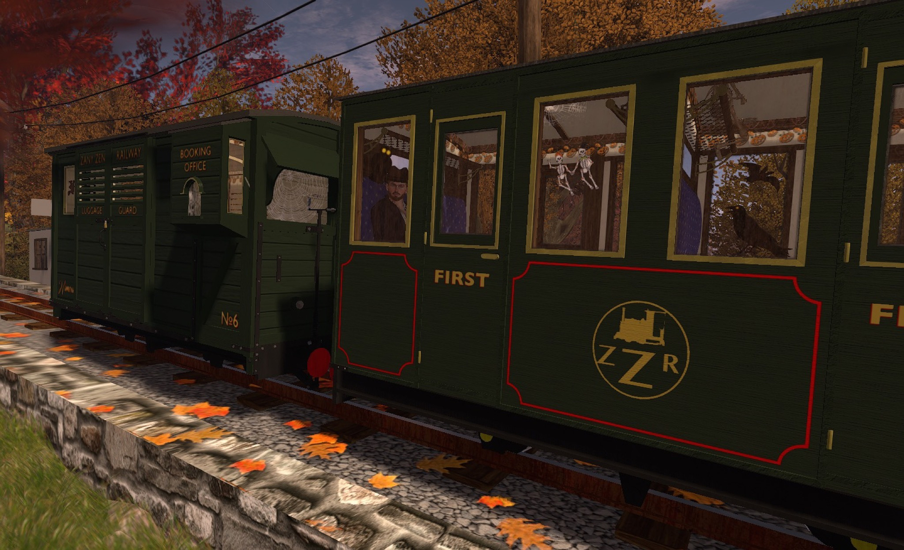 screencapture from Second Life virtual world showing a green train travelling through a rural landscape