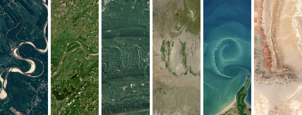 The name Samuel is spelled out using satellite images that display a variety of natural landscapes, including winding rivers, lush green areas, and swirling oceanic patterns. Each landscape shows a feature that matches a single letter of the name. 