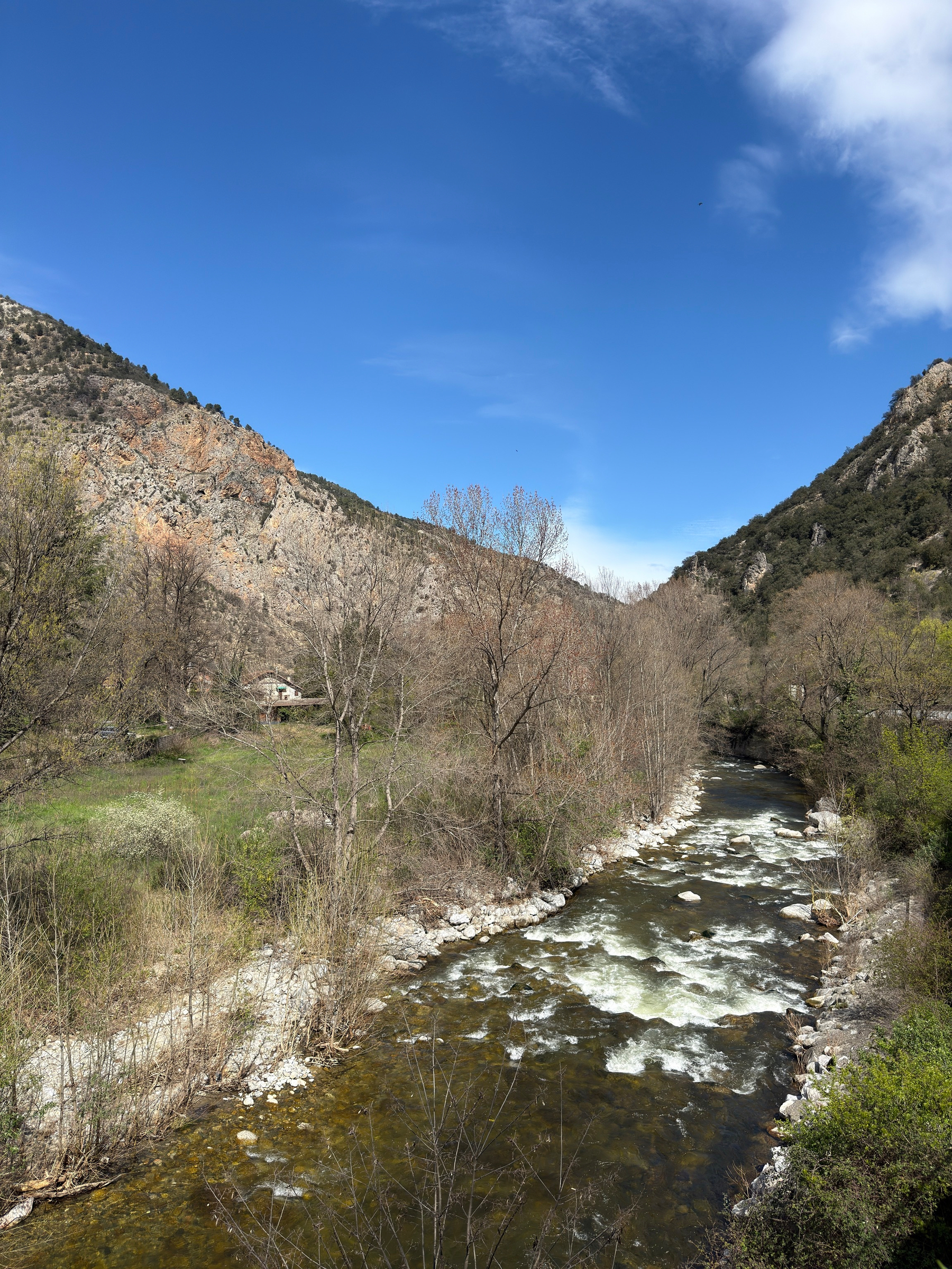 A river flows through a scenic landscape with trees, mountains, and a clear blue sky.