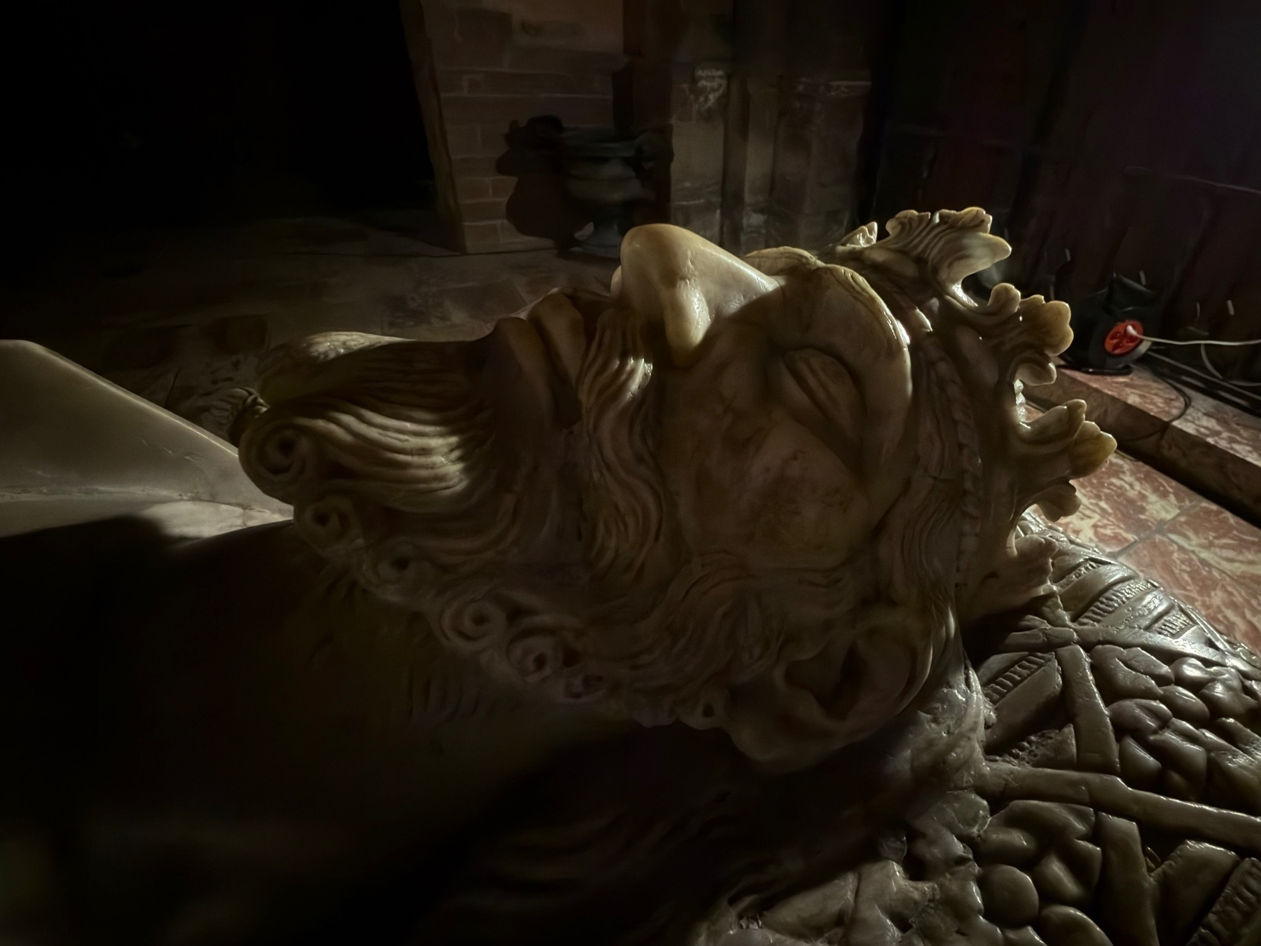 A close-up of a carved stone sculpture depicts a deceased figure with closed eyes and intricate details in a dimly lit setting. A tomb in the Basilique-Cathédrale Saint-Jean-Baptiste.